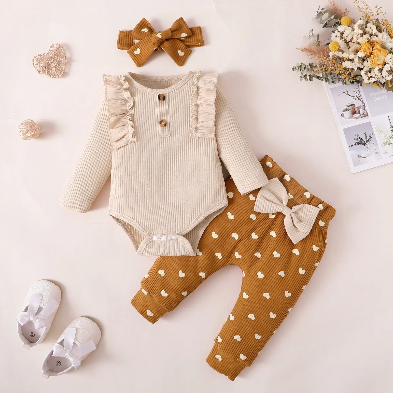 3Pcs Newborn Baby Girl Clothes Sets Infant Outfit Ruffles Romper Top Bow Leopard Pants New Born Autumn Fall Toddler Clothing