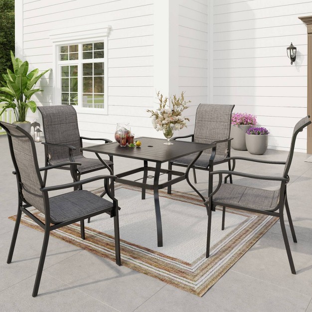 5pc Patio Dining Set Steel Table With Umbrella Hole Padded Arm Chairs Captiva Designs Weather resistant Rust resistant