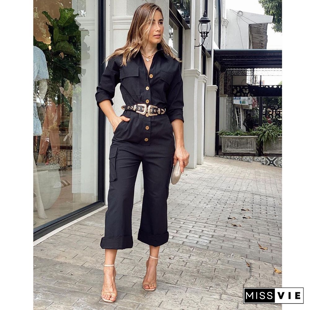 Black Loose Buttons Cargo Long Jumpsuits