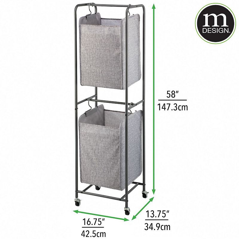 mDesign Vertical Stacked Laundry Hamper Basket with Wheels， Portable， 2 Removable Bags for Organizing Clothes， Laundry， Lights， Darks - Strong Metal Frame