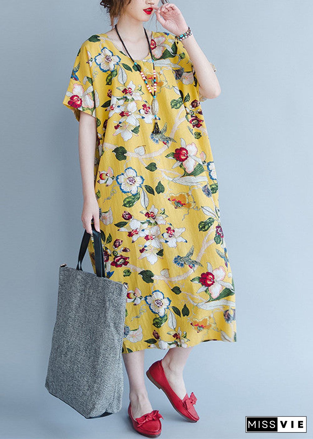 women yellow Midi linen dresses trendy plus size traveling clothing vintage back open floral cotton dresses