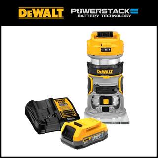 DW 20V MAX XR Cordless Brushless Compact Fixed Base Router and 20V POWERSTACK Compact Battery Starter Kit DCW600BWP034C