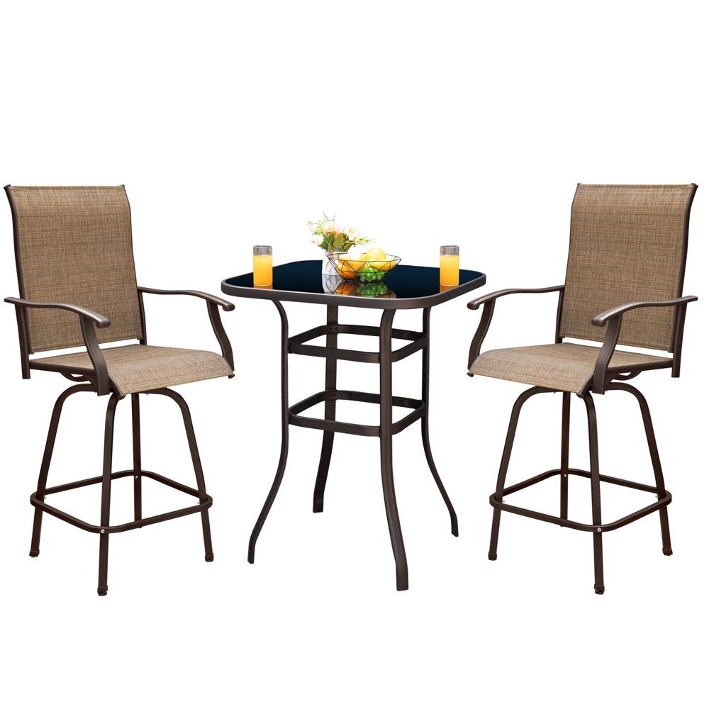 3PCS Textilene Swivel Bar Sets， High Bistro Sets，2 Bar Stools and Bar Table