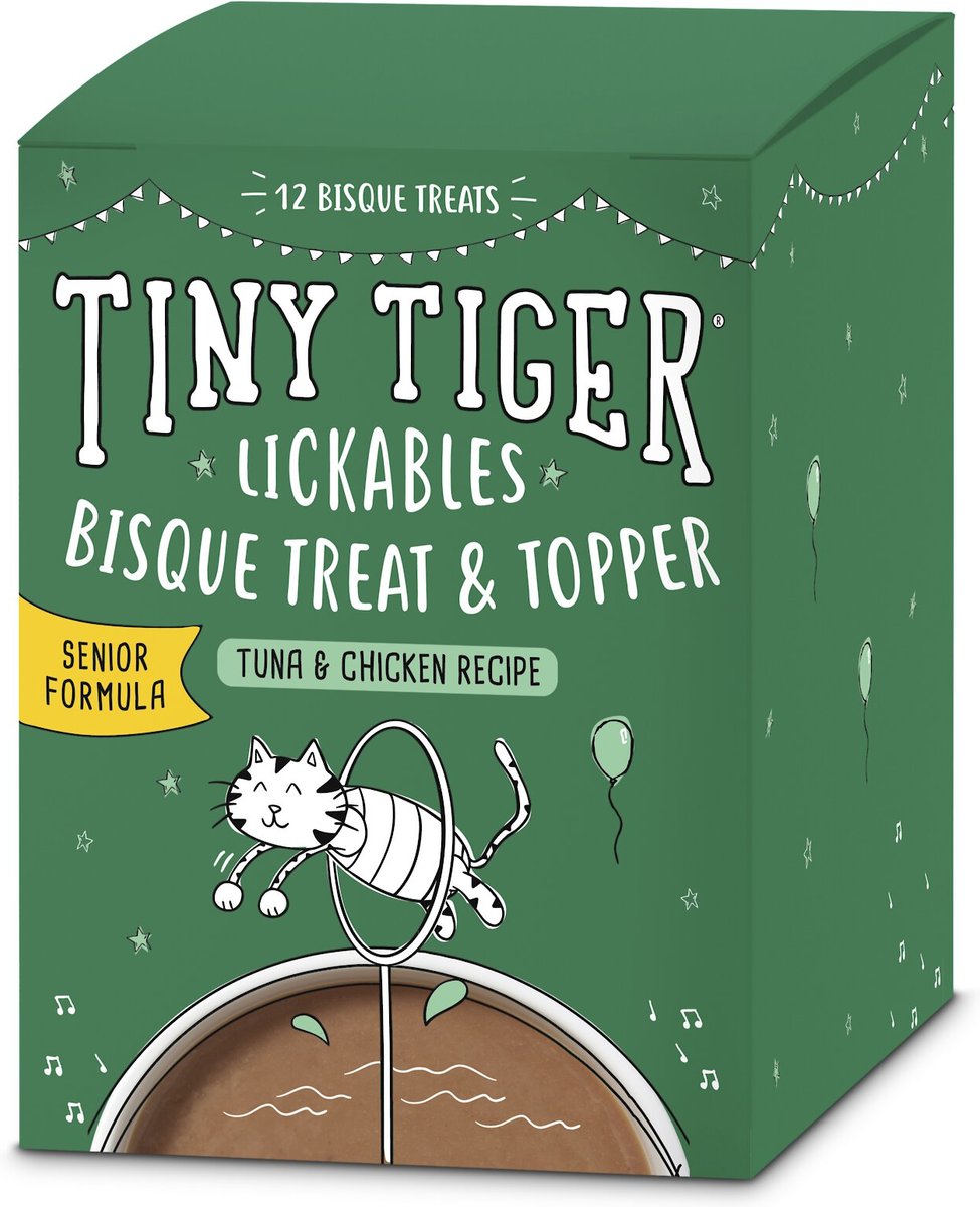 Tiny Tiger Lickables， Senior Formula， Tuna and Chicken Recipe， Bisque Cat Treat and Topper