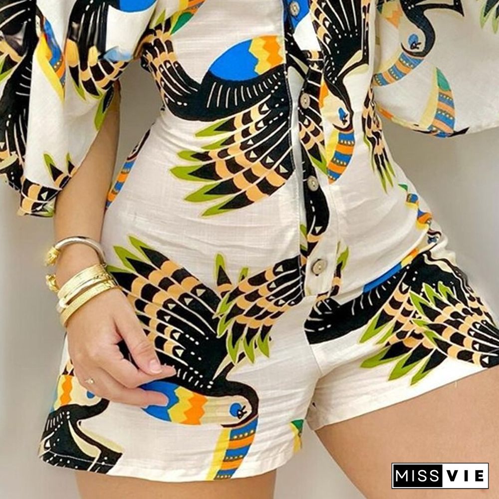 Women Casual Shirt Collar Animal Graphic Flared Sleeves Sweet Rompers