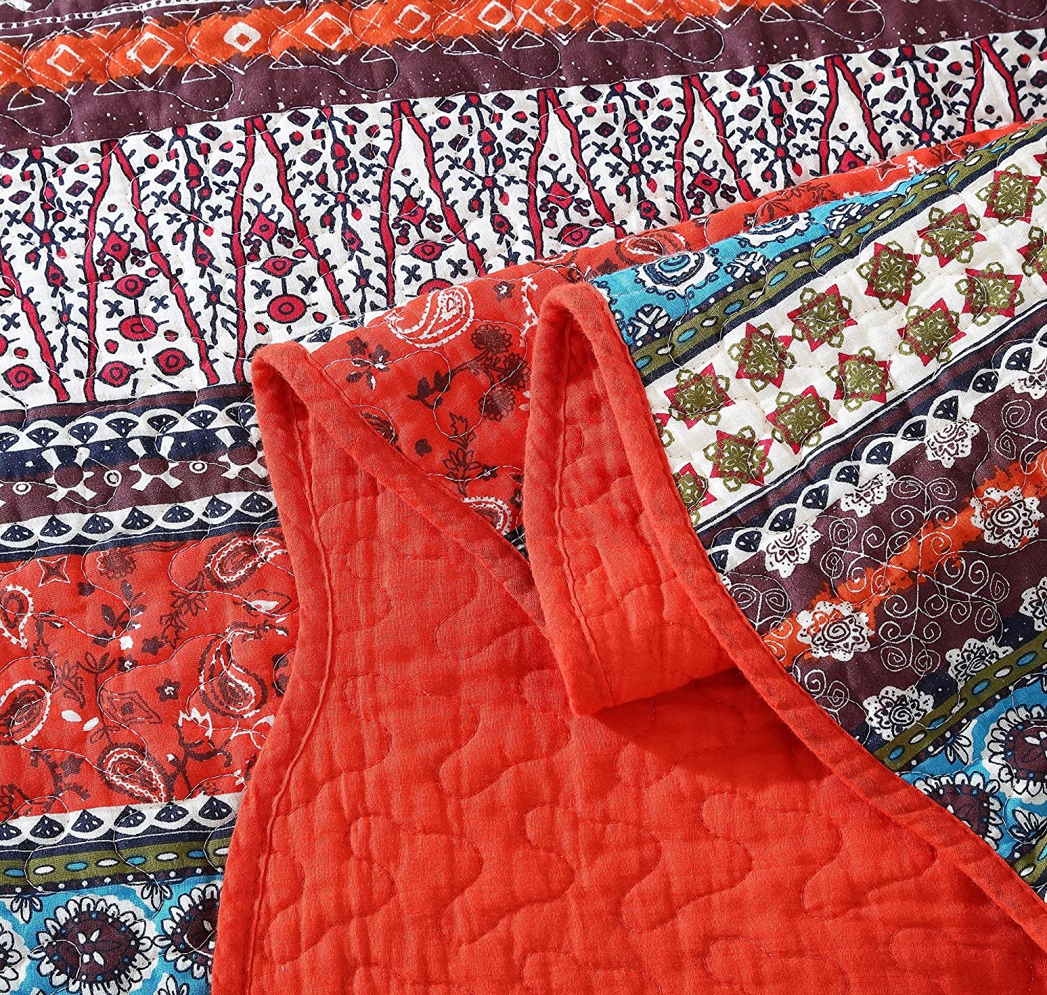 Chezmoi Collection Odette Boho Chic Bohemian 100% Cotton Quilt Set， Queen， Orange， 3-Pieces