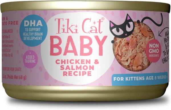 Tiki Cat Baby Grain-Free Chicken and Salmon Recipe Wet Cat Food， 2.4-oz can， case of 12