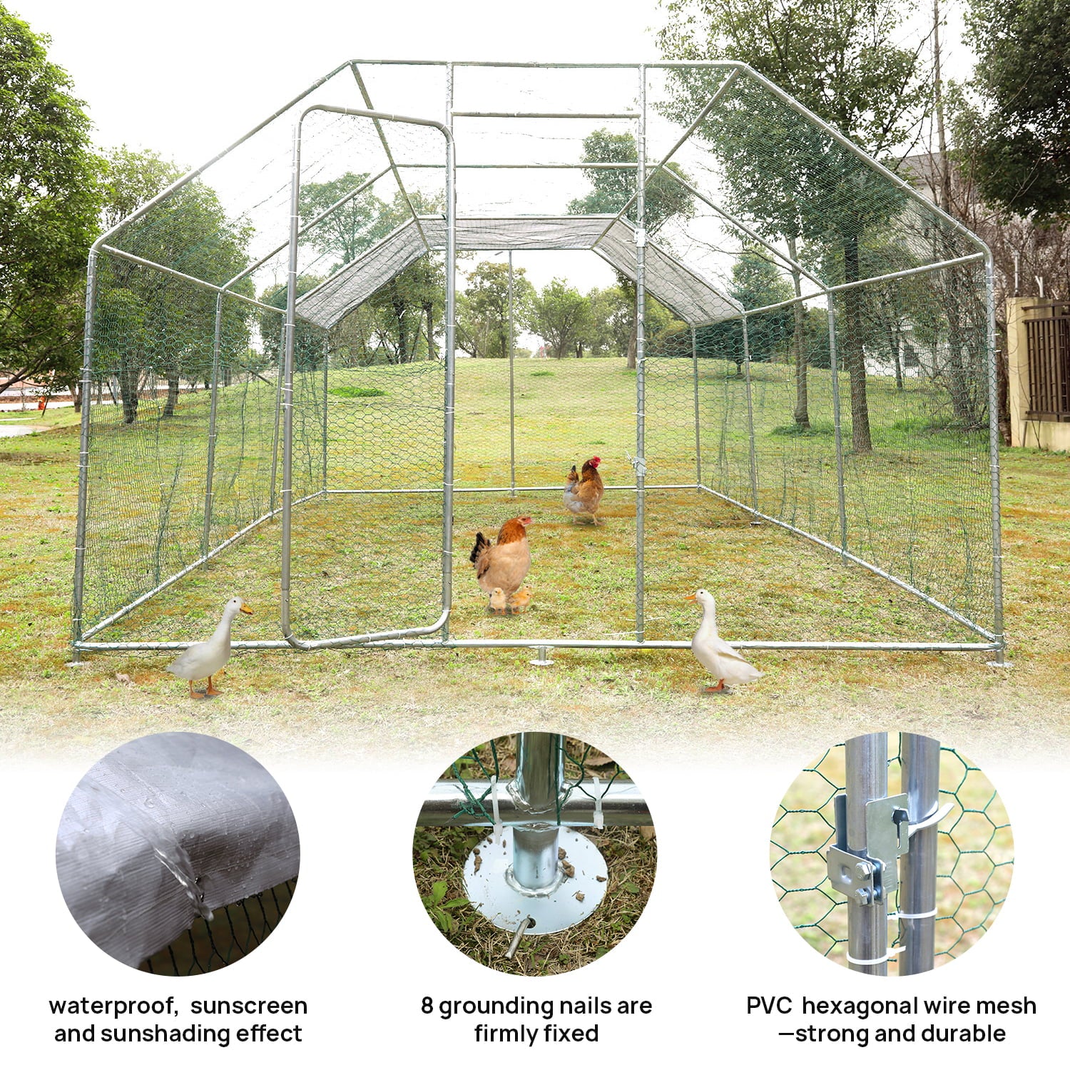 Walsport 20x10ft Outdoor Large Metal Chicken Coop Cage Poultry Bunny Rabbit Cage with Waterproof Cover ，Chicken Pens Crate Walk-in Run Backyard