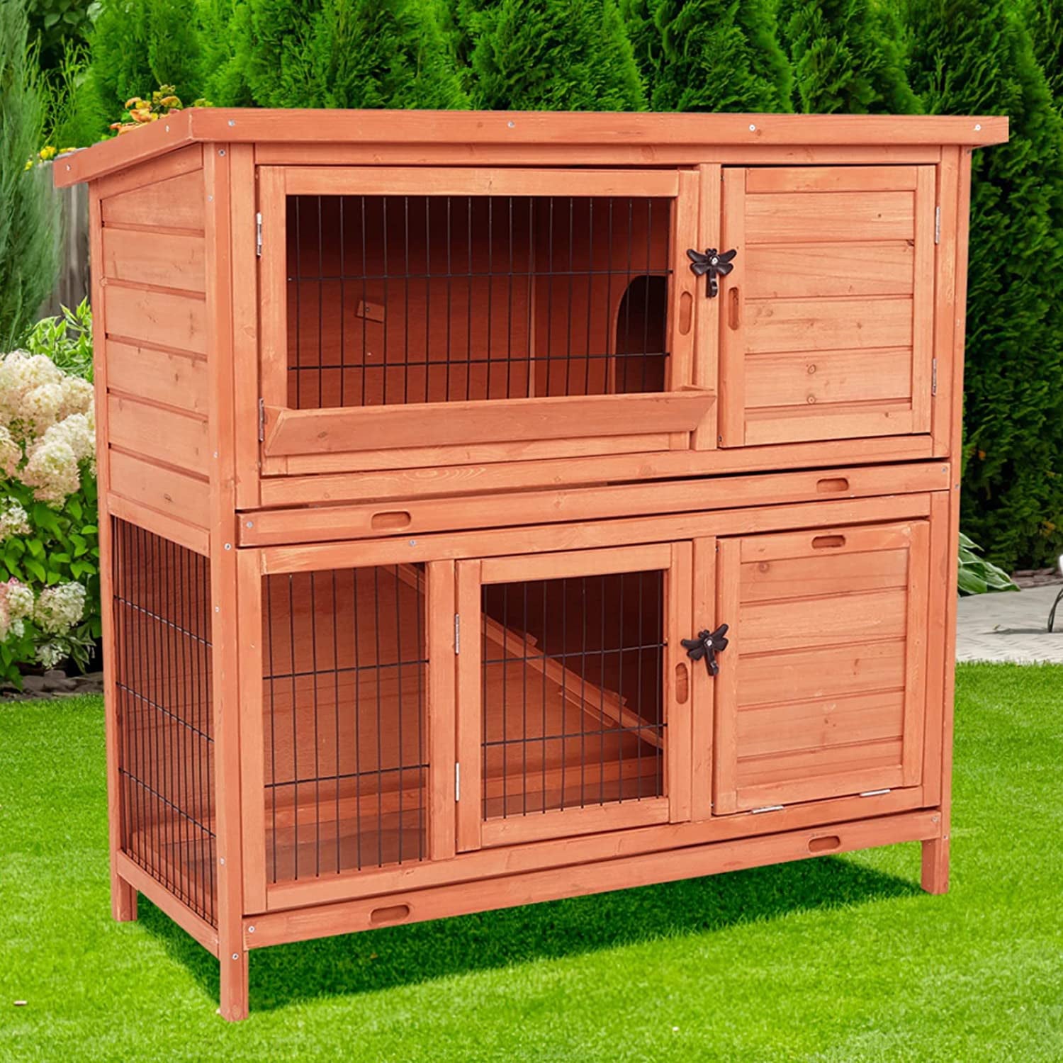 Arlopu 42.3'' Rabbit Hutch， Wooden Bunny Hutch Poultry Cage Indoor Outdoor Backyard Small Animal House