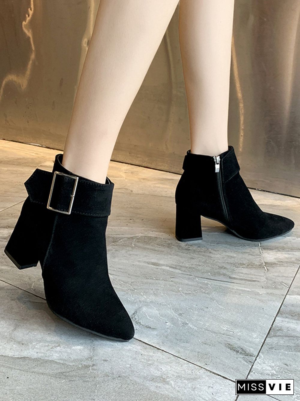 Chunky Heel Buckle Pointed-Toe Suede Martin Boots