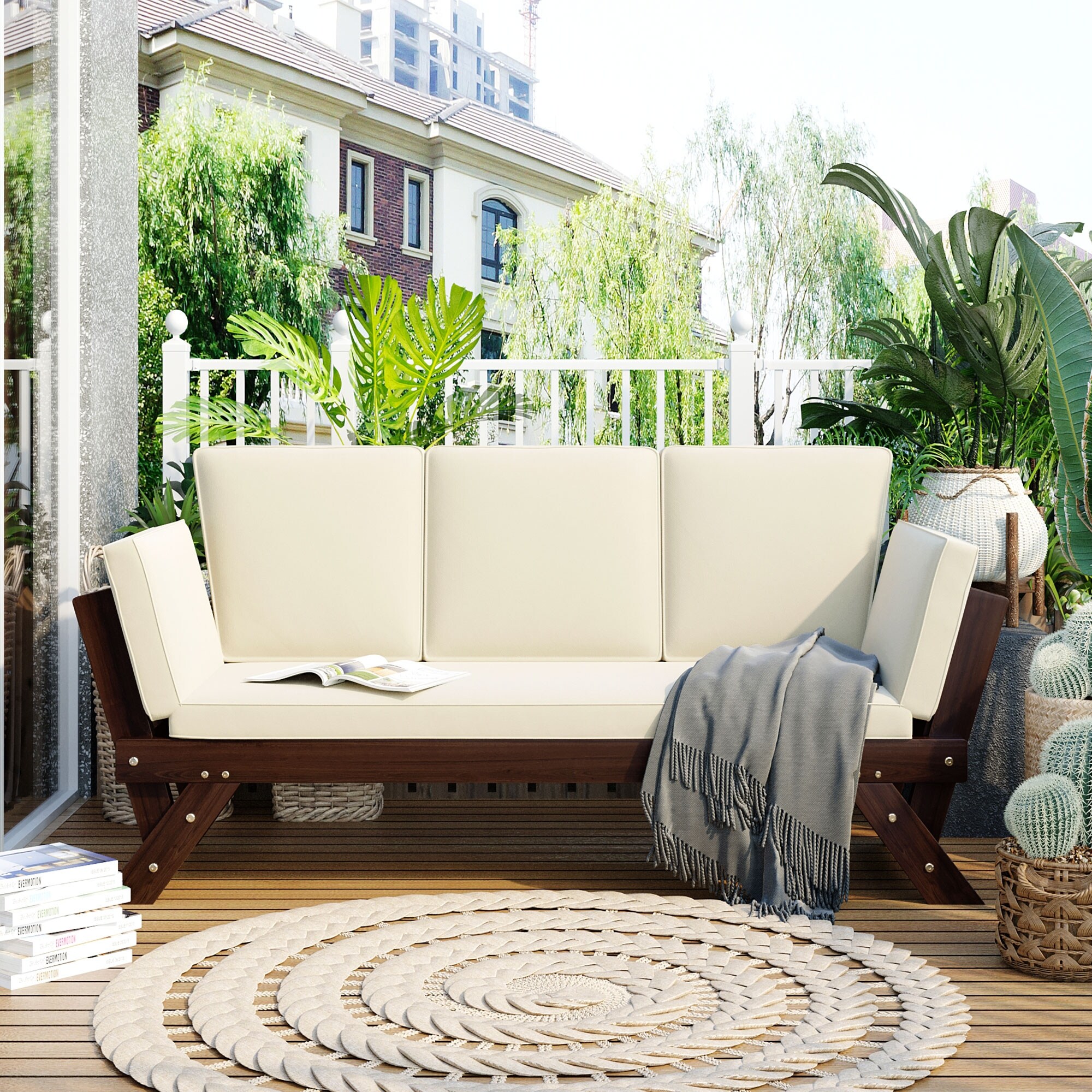 3-seater Sofa Outdoor Adjustable Patio Expandable and Multifunctional Daybed， Wooden Chaise Lounge with Cushions for Small Places - Overstock - 37248098