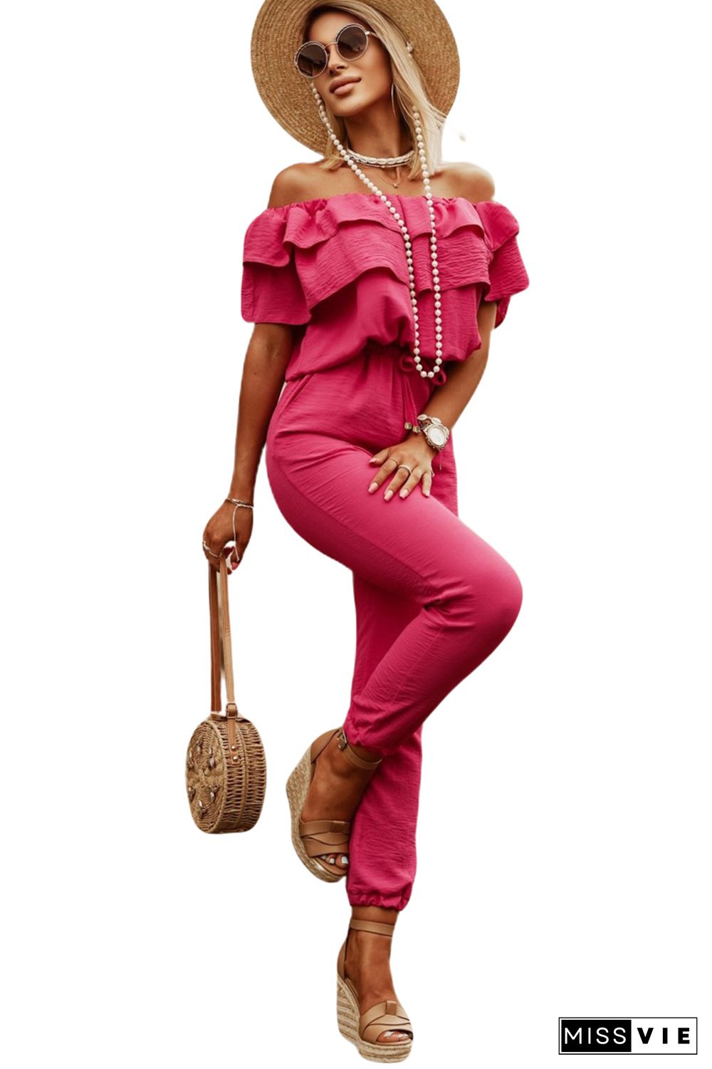 Rose Ruffled Off Shoulder Jogger Jumpsuit