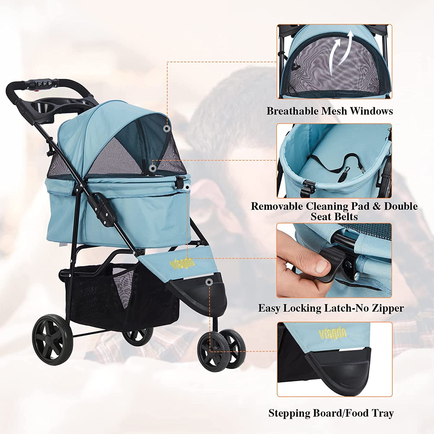 Pet Strollers for Small Medium Dogs and Cats， Folding Dog Stroller Traveling Strolling Cart with 3-Wheel and Removable Liner and Storage Basket， Light Blue