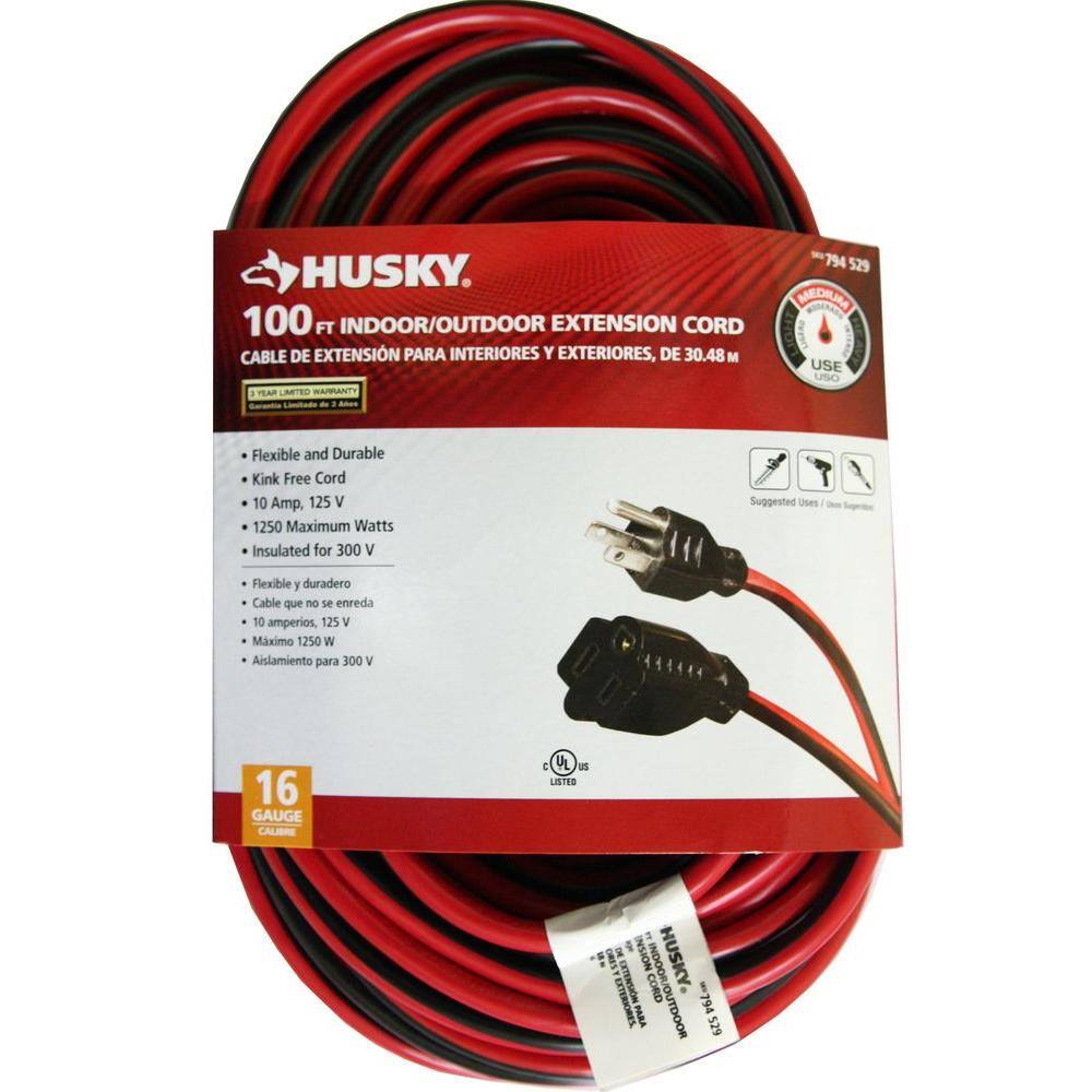 Husky 100 ft. 163 Medium-Duty IndoorOutdoor Extension Cord Red and Black HD#794-529