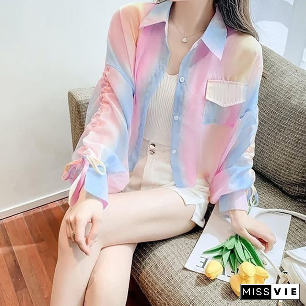 Casual Rainbow Print Drawstring Sleeve Crop Shirt