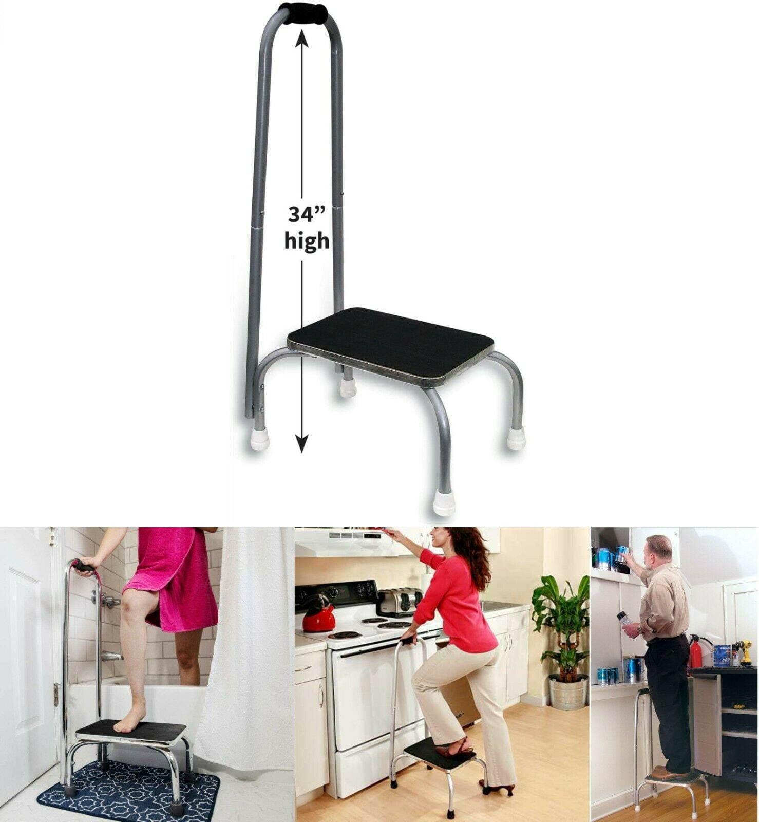 JSNY Support Safety Step Stool with Long Handle for Senior Handicapped Rubberized Platform Great for Kitchen, Workroom & office By Etna