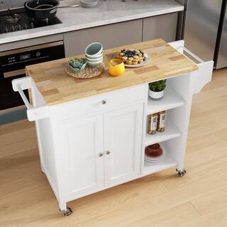 Whatseaso White Wood 39.37 in. W Kitchen Island with Double Doors Lockable-Wheels and Towel Rack FEB23081002KI