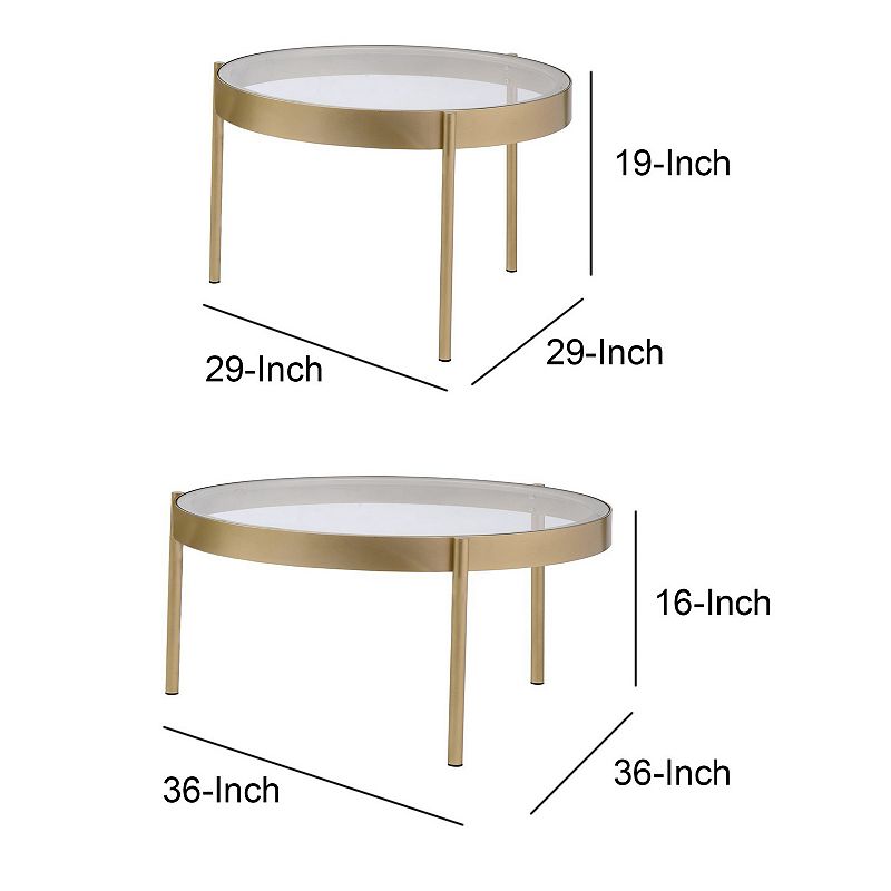 Contemporary Metal and Glass Round Nesting Table， Set of 2， Gold and Clear