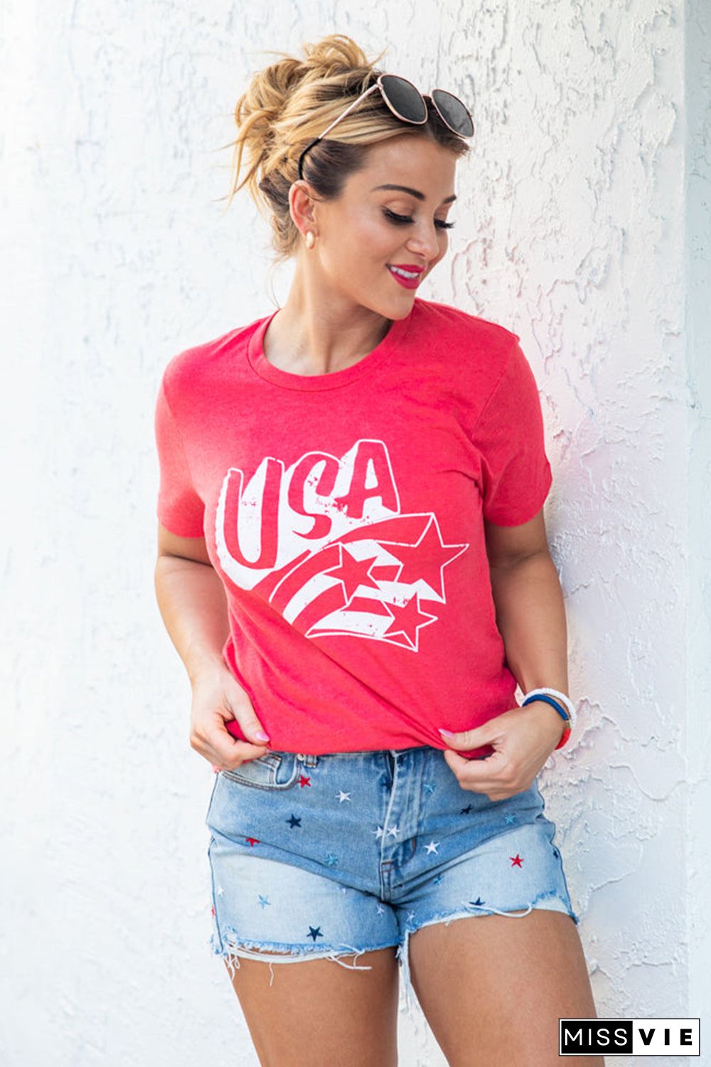 Red USA Stars Graphic Vintage Tee