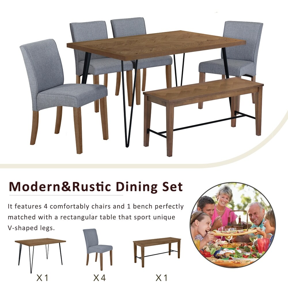 6 Piece Rectangular Dining Table Set w/Upholstered Chairs   Bench