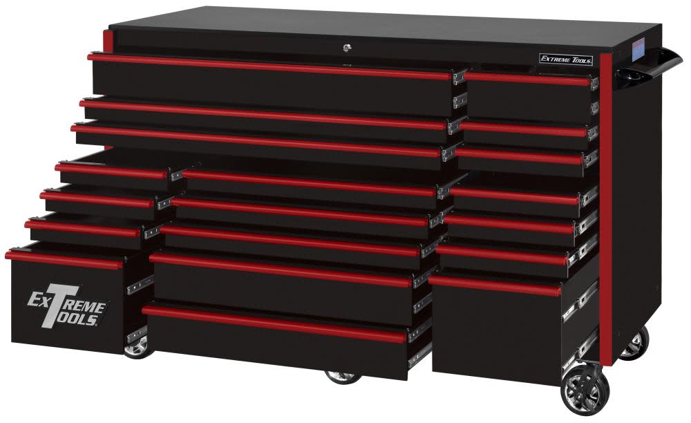 RX Series 72 x 30 19 Drawer Roller Cabinet， Black with Red Drawer Pulls