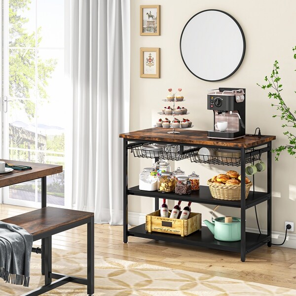 Kitchen Island with Storage Industrial Island Table with Power Outlets and Wire Baskets 3 tier Microwave Oven Stand