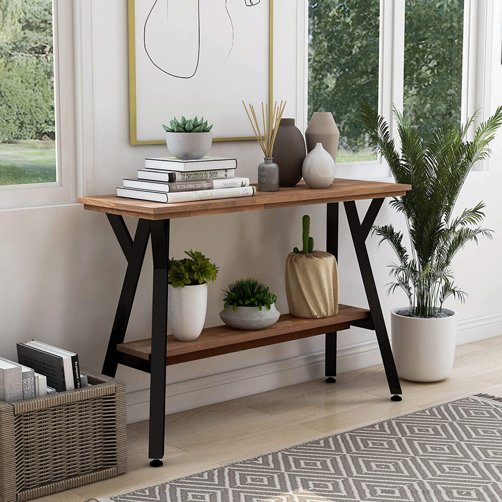 Industrial Console Table  Matte Black Metal Frame With MDF Top  ampLower Shelf   Traditional   Console Tables   by Decor Love  Houzz