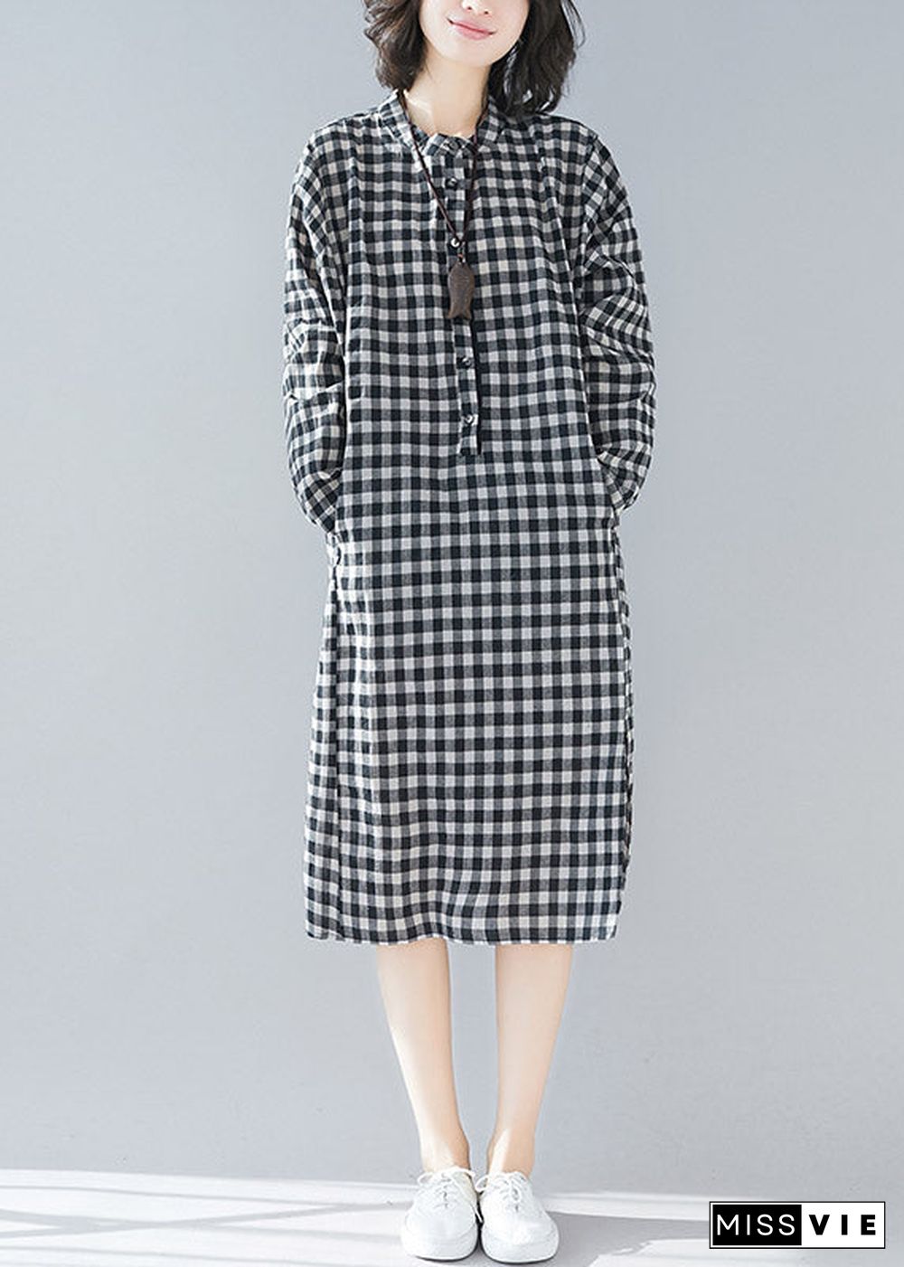 Plus Size Black White Plaid Stand Collar Pockets Side Open Linen Dresses Long Sleeve