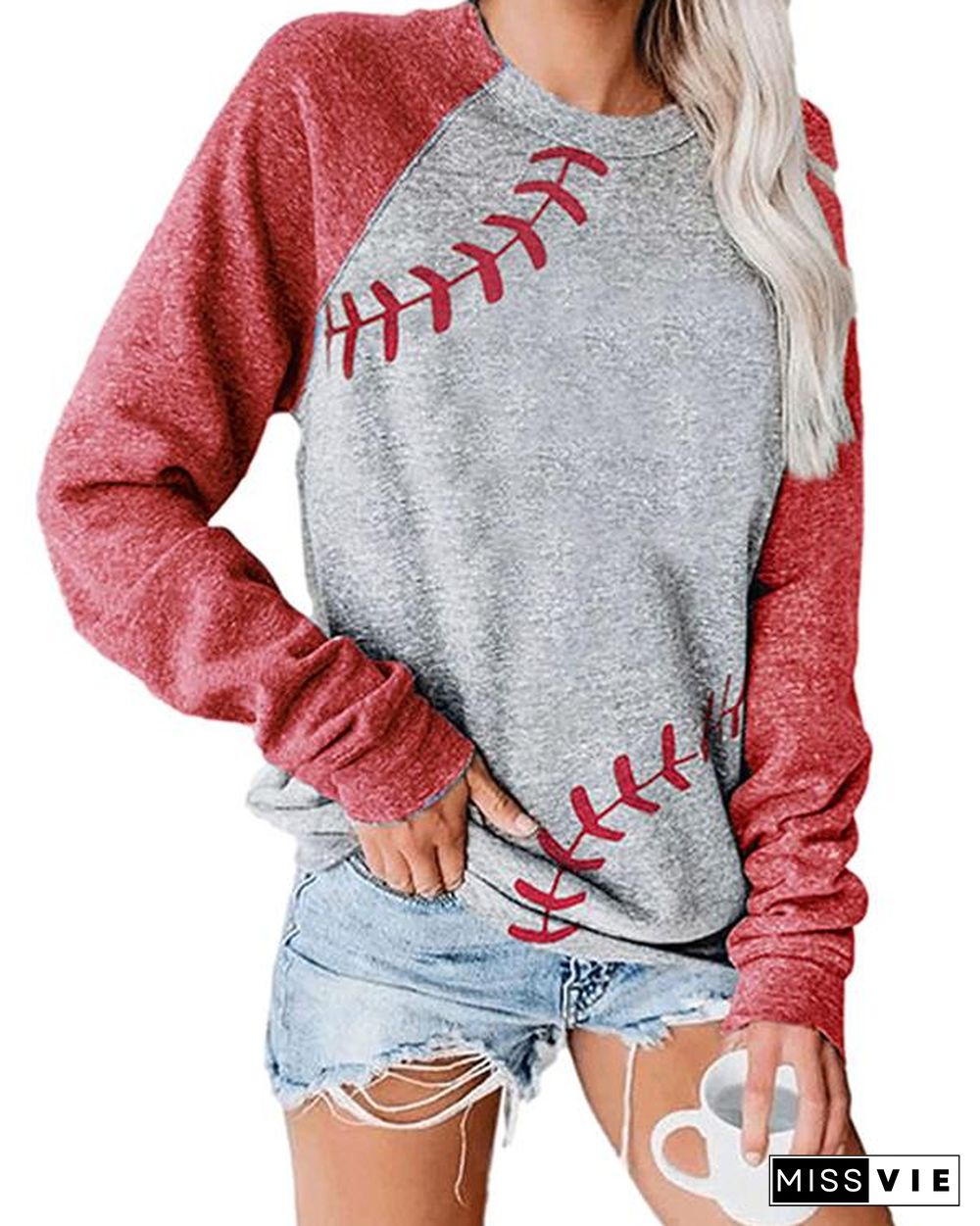 Plus Size Long Sleeve Letter Printed Color Stitching Top