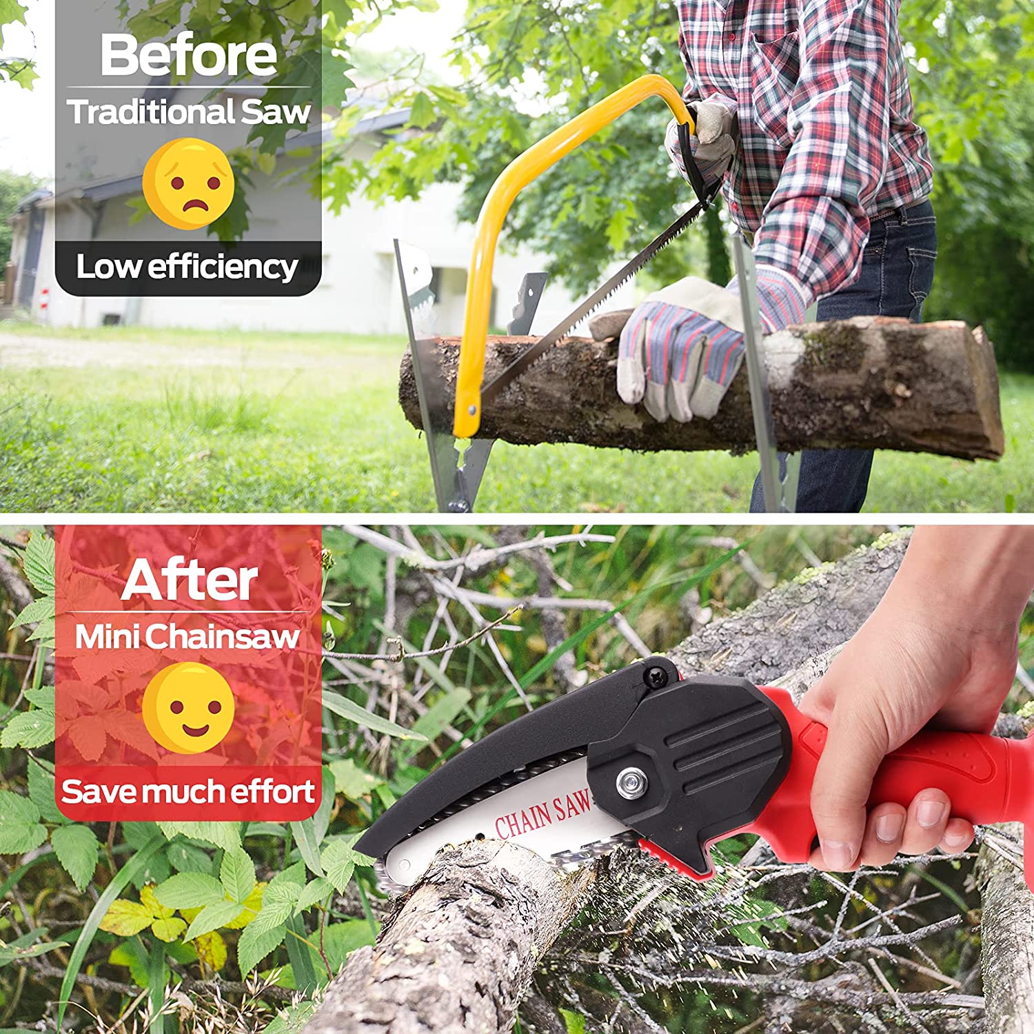 Mini Chainsaw， RLSOO Upgraded 4-Inch 24V Battery Powered Cordless Chainsaw， Portable One-Handed Rechargeable Electric Chainsaw for Tree Trimming Branch Wood Cutting（2 Batteries， 2 Chains Included）