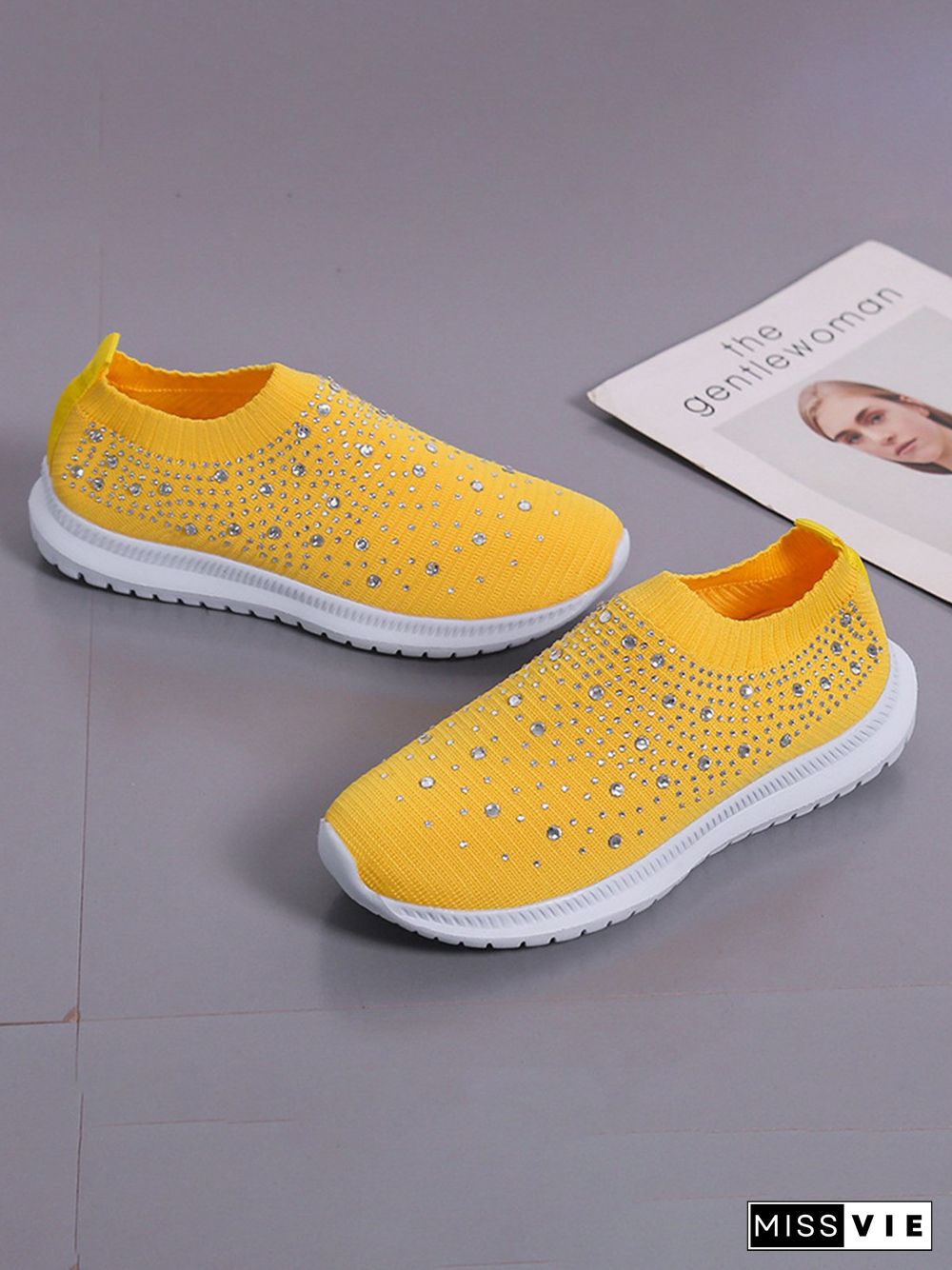 Rhinestone Design Portable Overfoot Lightweight Flyknit Sneakers