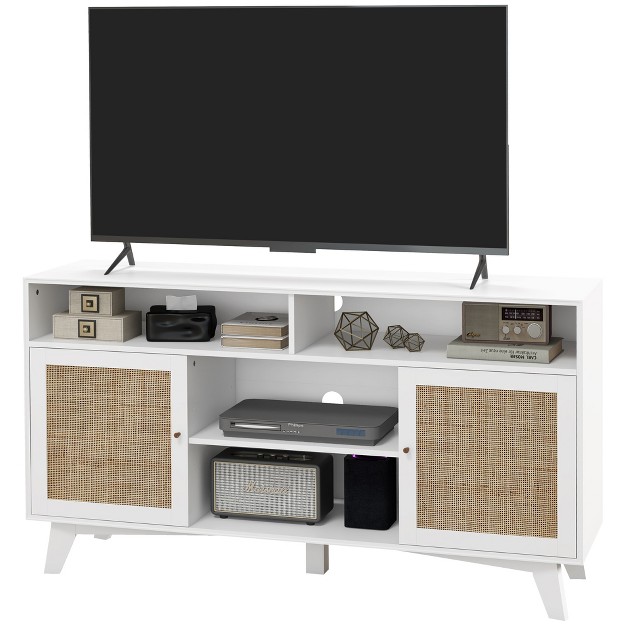 Homcom Tv Stand Cabinet For Tvs Up To 65 quot Boho Entertainment Center With Rattan Doors Adjustable Shelves And 4 Open Shelves For Living Room White