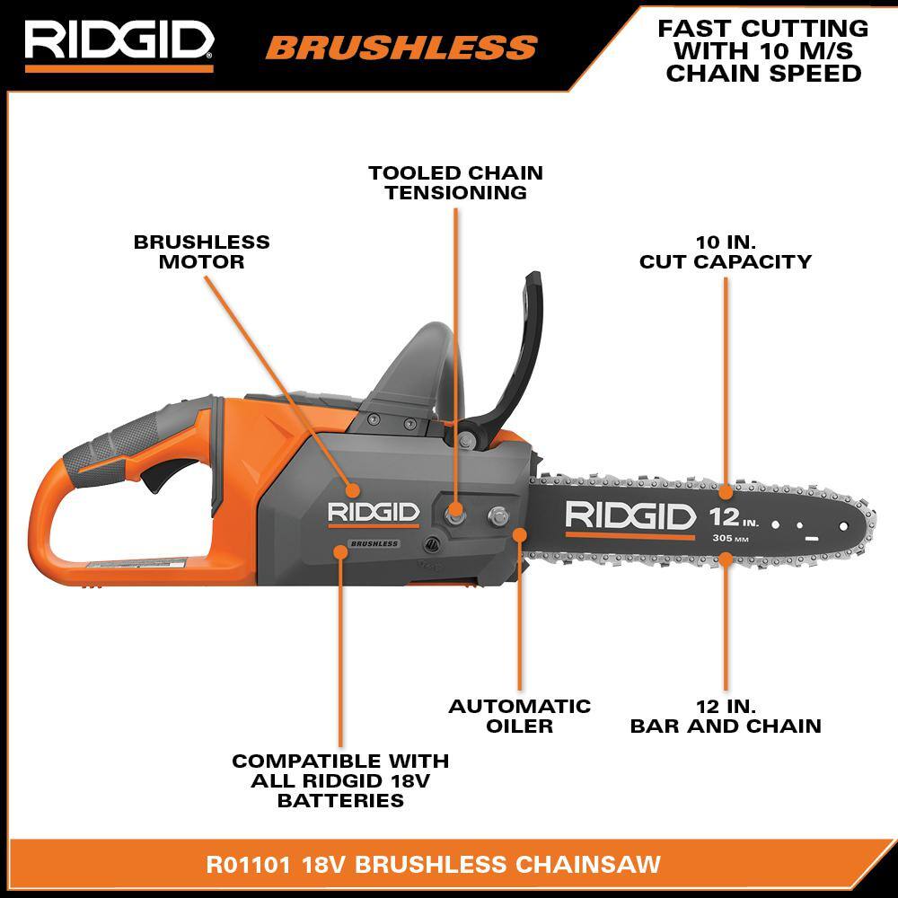 RIDGID 18V Brushless 12 in. Electric Battery Chainsaw (Tool Only) R01101B