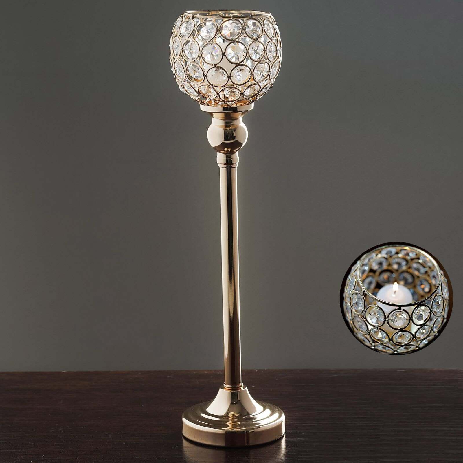 Gold Crystal Votive Pillar Candle Holder, Metal Tealight Round Candle Stand 16