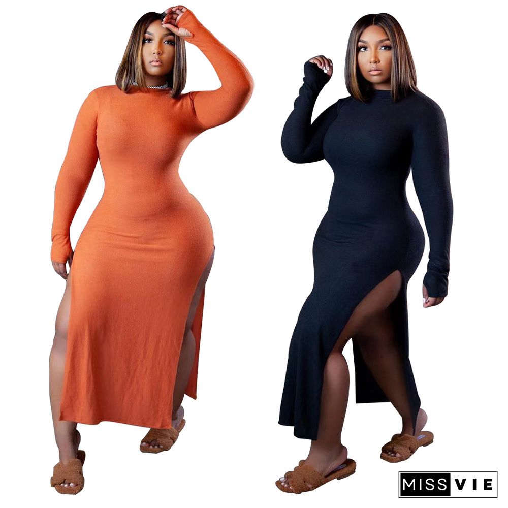 Plus Size Long Sleeve O Neck Sides Slit Maxi Dress