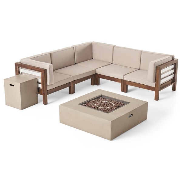 Oana Outdoor 5Seater VShaped Acacia Wood Sectional Sofa Set with Fire Pit by Christopher Knight Home