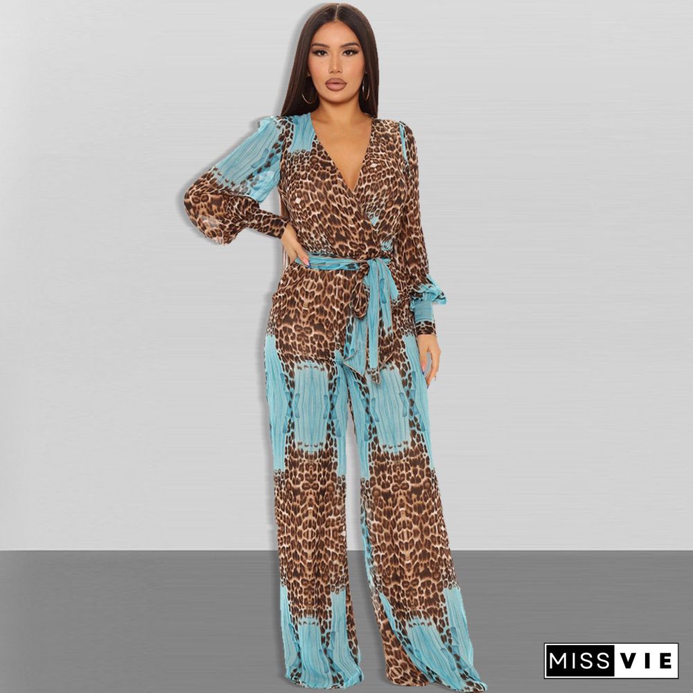 Sexy Leopard Belt Fashion Digital Printing Long V-neck Chiffon Jumpsuit