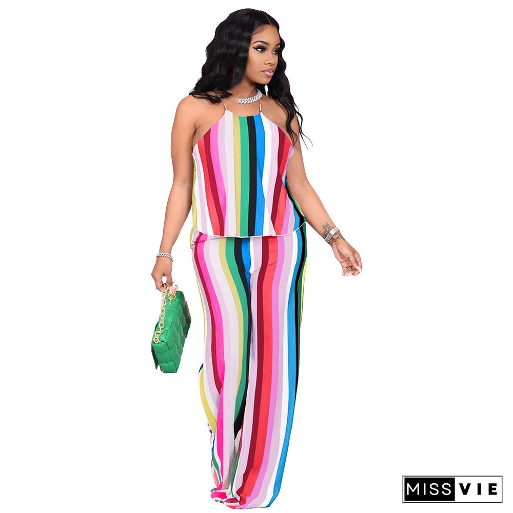 Fashion Color Striped Printing Women Plus Size Halter Sleeveless Crop Tops Loose Pants Summer 2 Piece Set