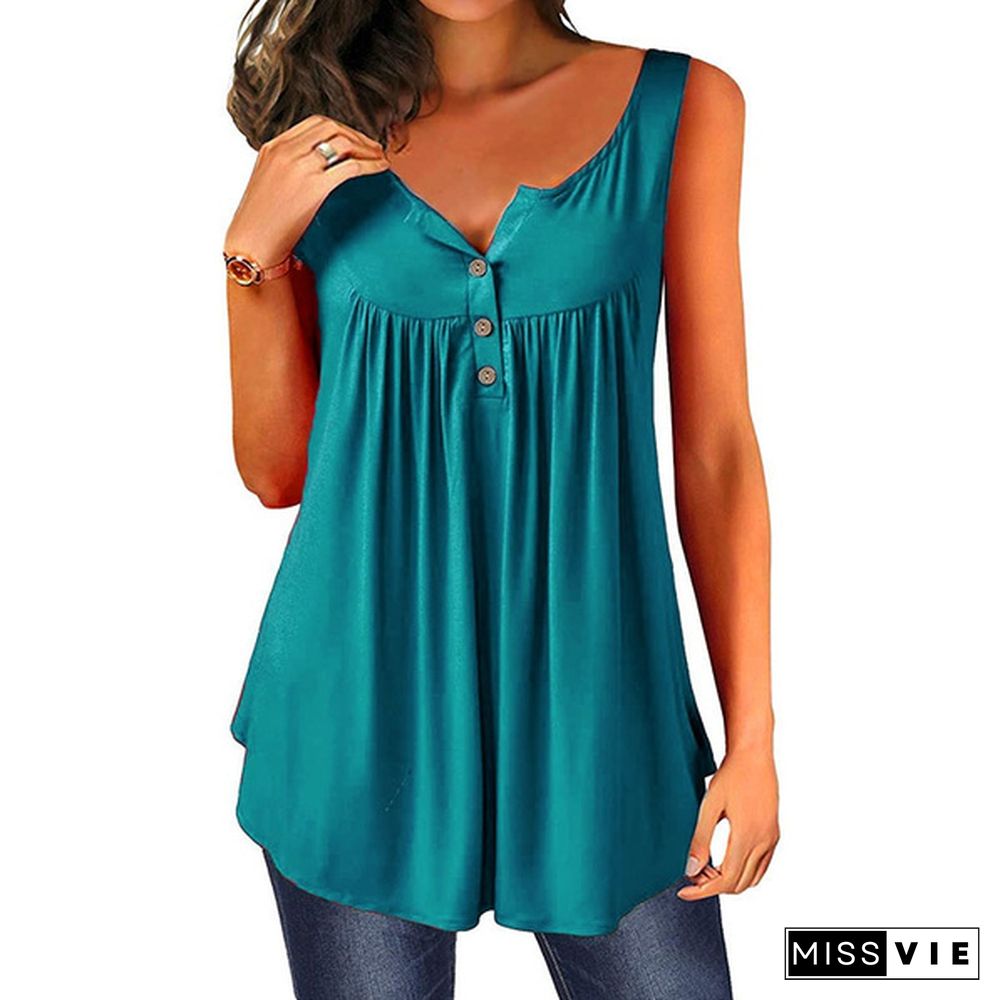 Fashion Women Clothes Spring Summer Casual Sleeveless Camisole Tops Solid Color Cotton Button-down Shirts Ladies Plus Size Loose Cami Tank Top Deep V-neck Halter Blouse