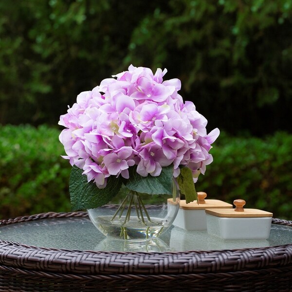 Hydrangea Artificial Flowers in Round Glass Vase with Faux Water，Silk Flower Arrangements in Vase for Home Decor，Wedding Table