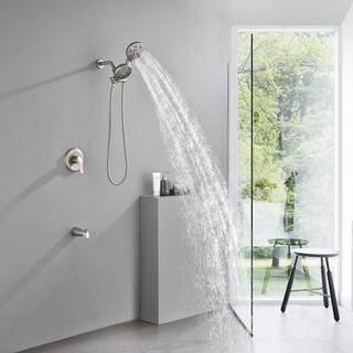 FLG Single-Handle 7-Spray Wall Mount Tub and Shower Faucet 2 In-1 Shower Head Trim Kit in Brushed Nickel (Valve Included) SS-0024-BN