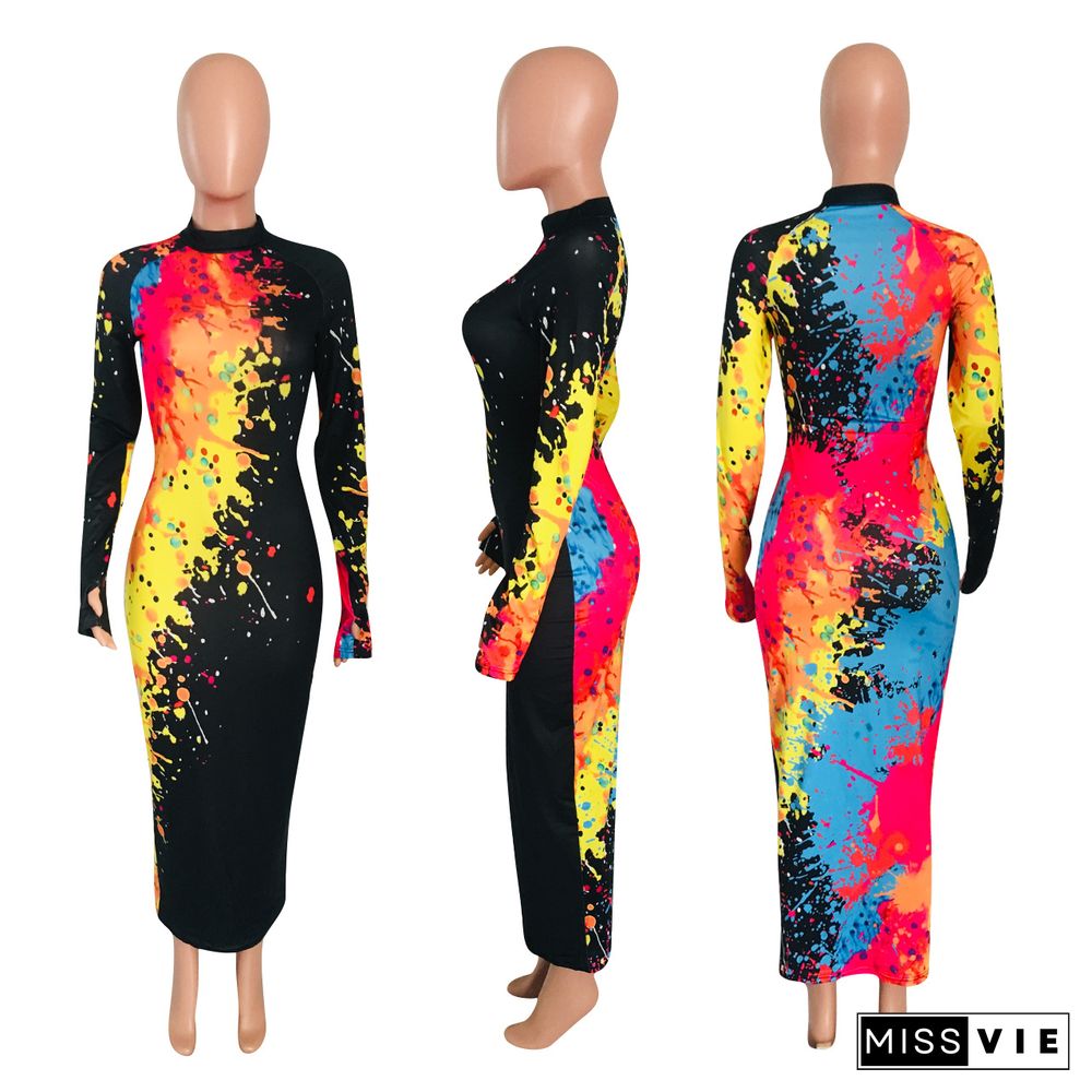 Graffiti-Printed Round Neck Long Sleeves Dress