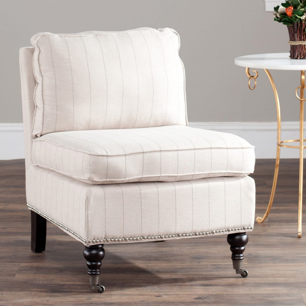 Unique Accent Chair  Patterned Linen Seat With Piping Trim Accent   Traditional   Armchairs And Accent Chairs   by Declusia  Houzz