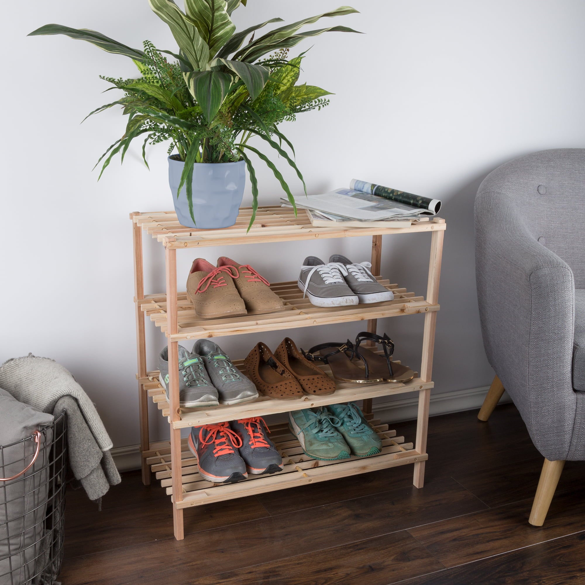 Lavish Home 4-Tier Shoe Storage Organizer Rack Holds 12 Pair， Light Oak