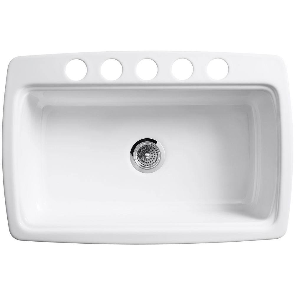 KOHLER Cape Dory Undermount Cast-Iron 33 in. 5-Hole Single Bowl Kitchen Sink in Biscuit K-5864-5U-96