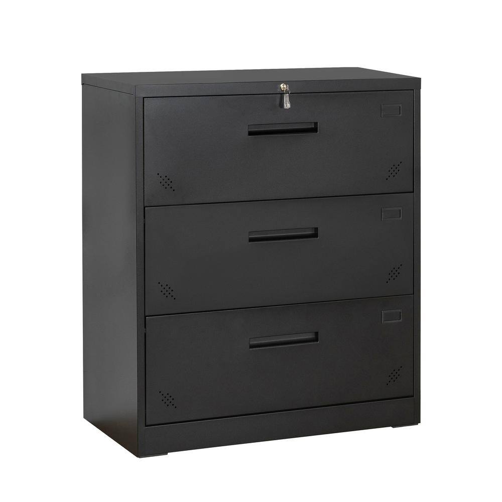 Tatahance 3-Drawer Black Metal Steel Lateral Filing Cabinet with Large Deep Drawers Locked by Keys W25262864-Z