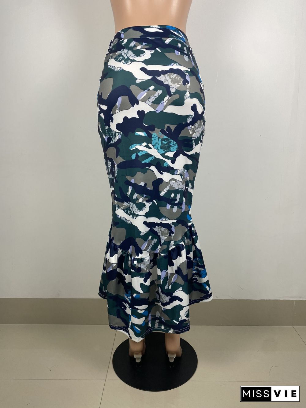 Camouflage Print Ruffles Mid Waist Skirt