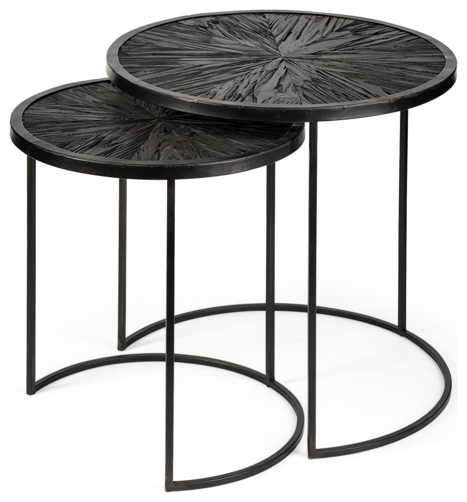 Chakra Dark Brown Solid Wood w/ Black Metal Frame Round Accent Tables (Set of 2)   Industrial   Coffee Table Sets   by Mercana  Houzz