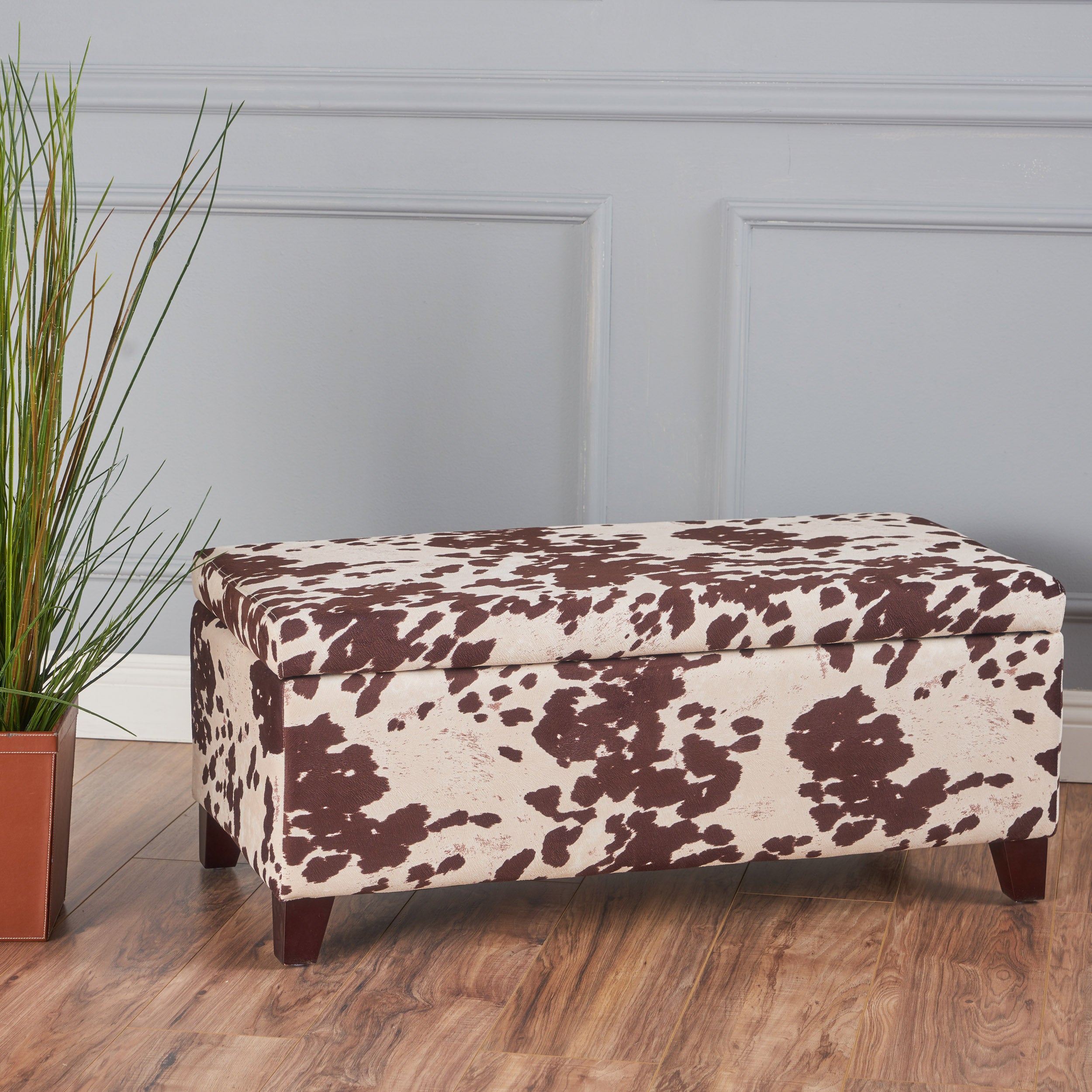 Brianna Rectangle Cow Print Velvet Storage Ottoman Bench