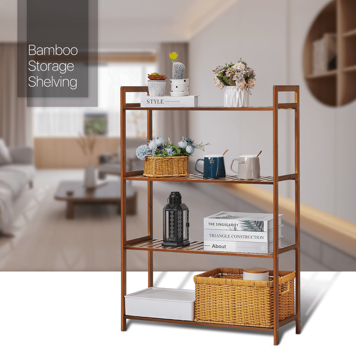 MoNiBloom Bamboo 4 Tiers Display Storage Rack， Multifunctional Shelving Unit， Brown